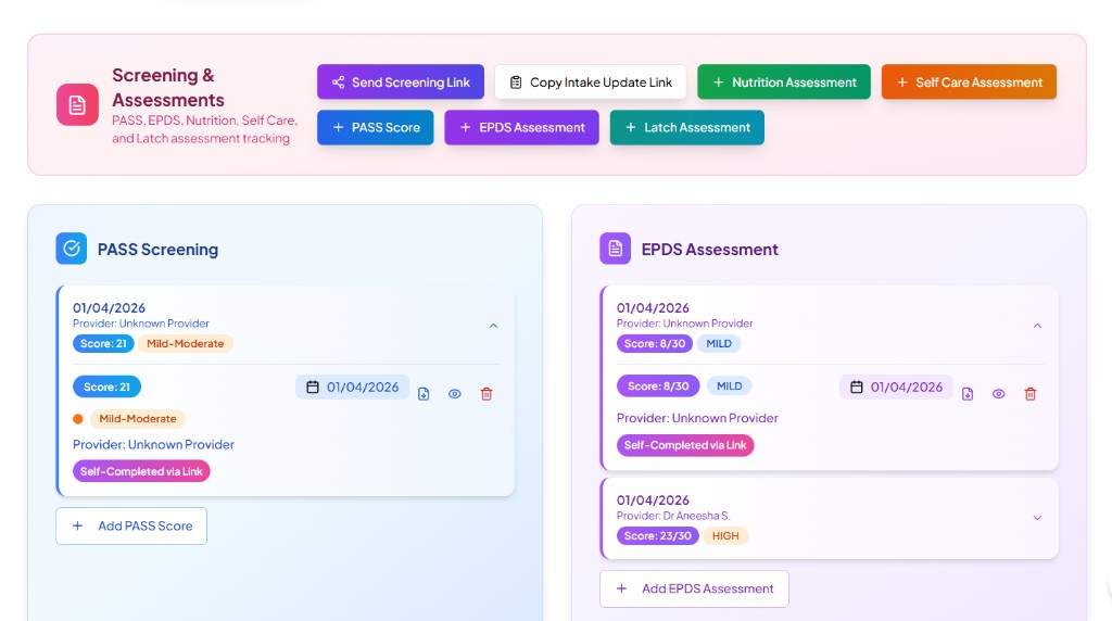 BirthSync clinical screening dashboard showing EPDS and PASS assessment tracking