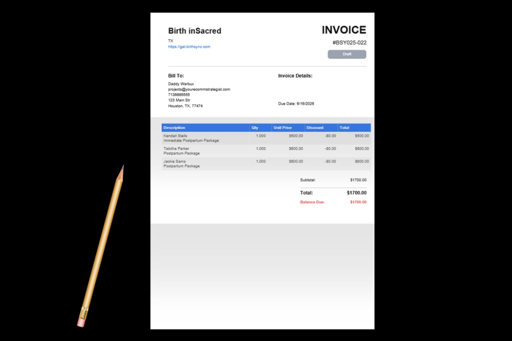 BirthSync multi-client invoice showing multiple clients billed to one organization